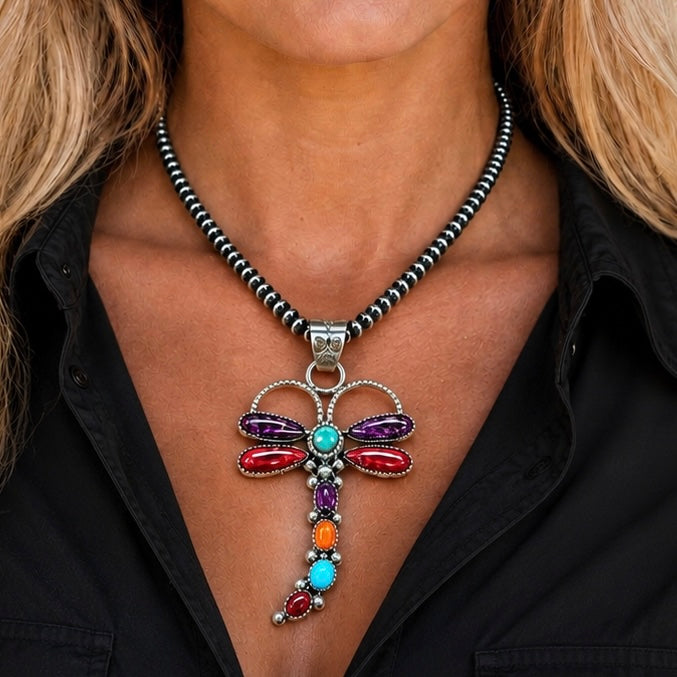 Kingman Turquoise & Spiny Mix pendant handcrafted by Native American artist Lorenzo and Jerilyn Chee