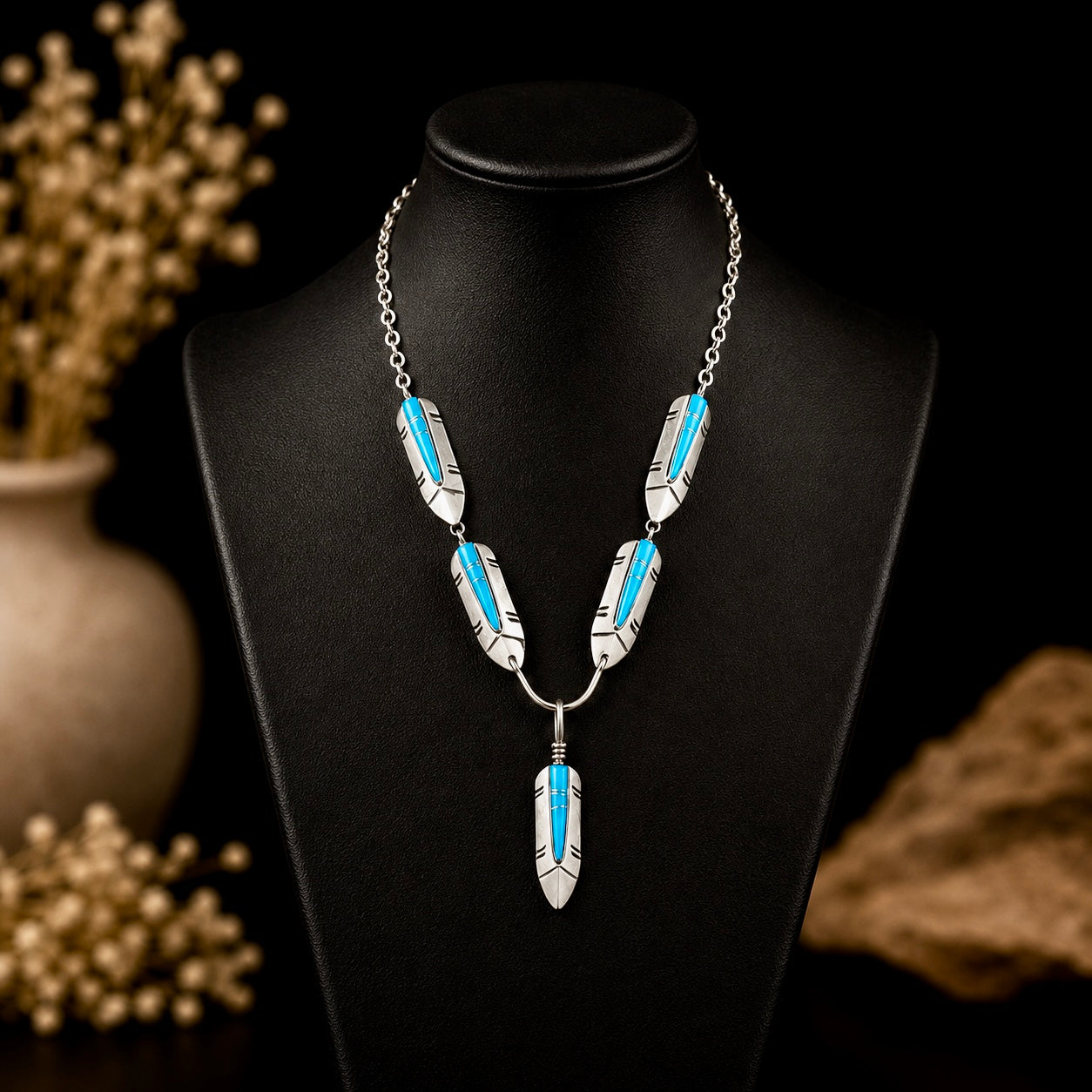 Kingman Turquoise Inlay lariat handcrafted by Native American artist Mary Yazzie