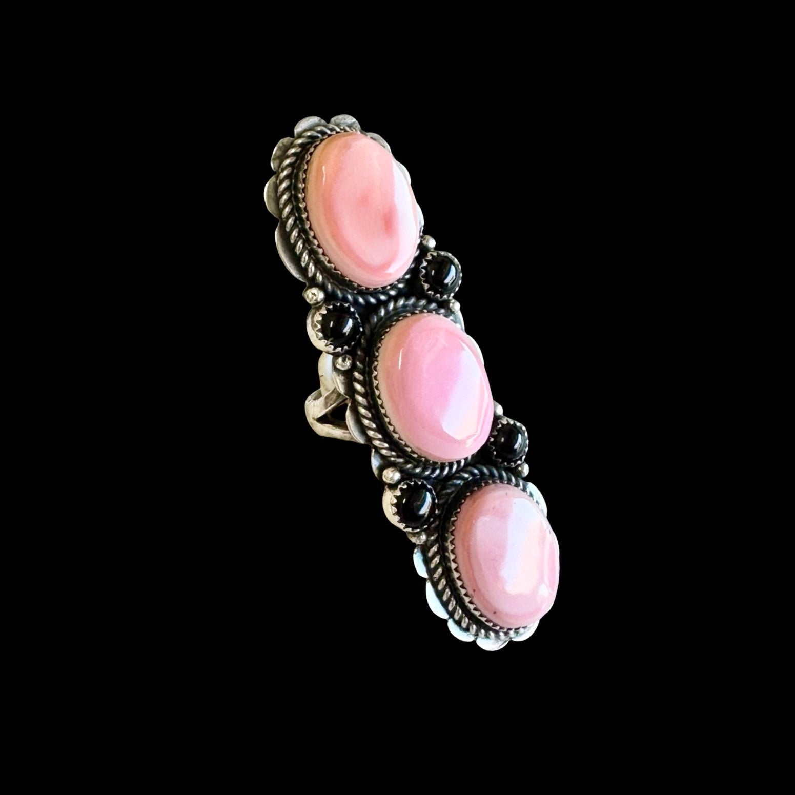 Pink Conch & Black Onyx ring handcrafted by Native American artist Marcus Chavez