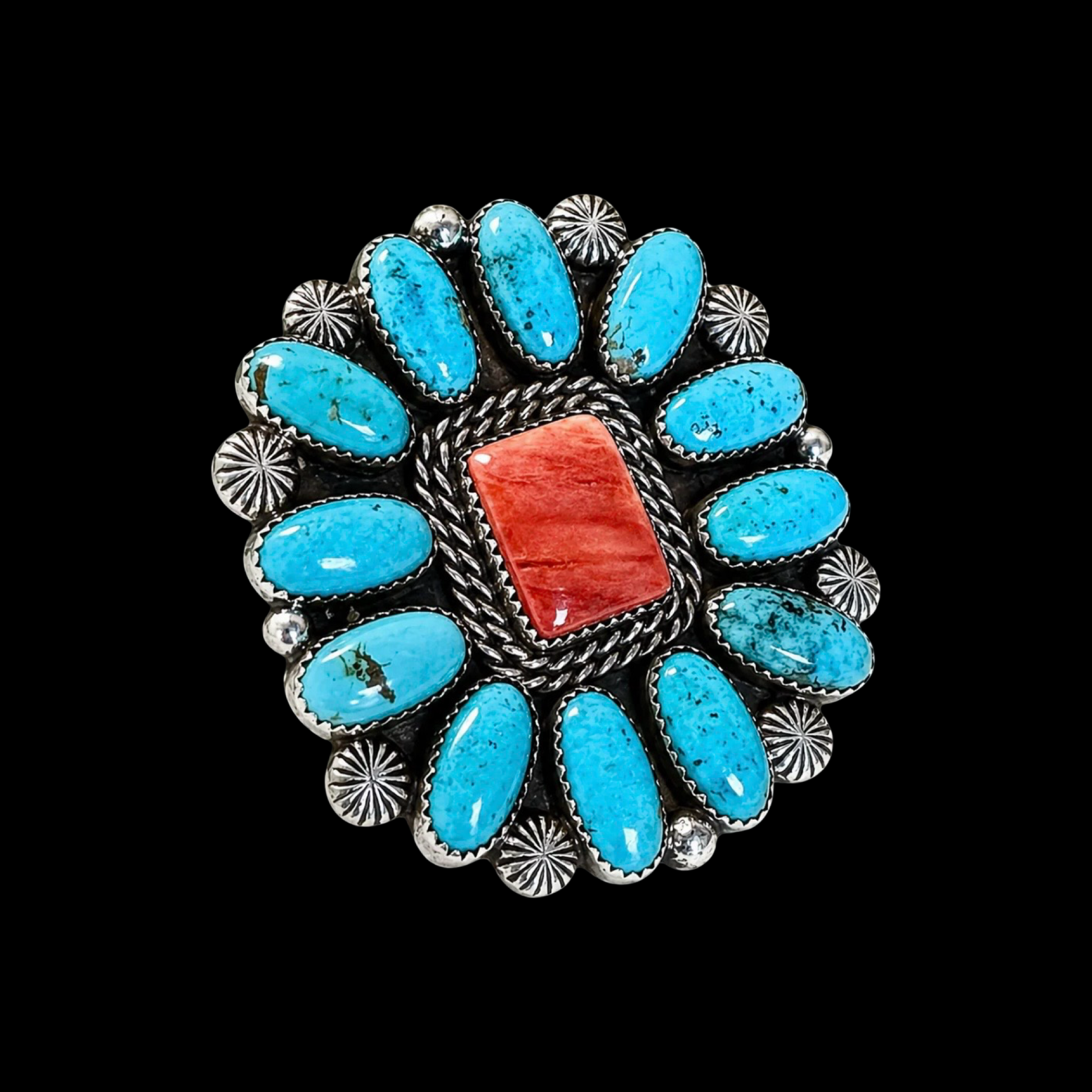 Campitos Turquoise with Red Spiny Oyster ring handcrafted by Native American artist Lorenzo and Jerilyn Chee