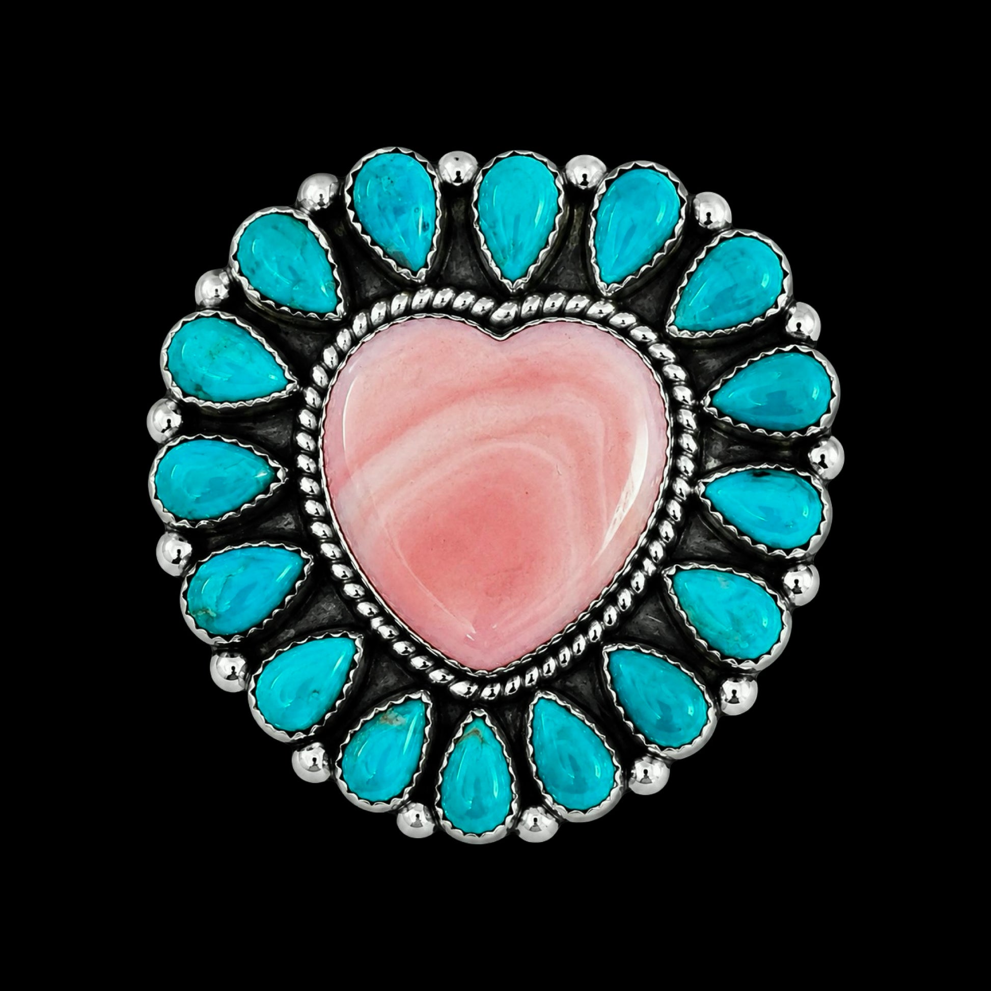 Kingman Turquoise & Pink Conch ring handcrafted by Native American artist Richard Nez