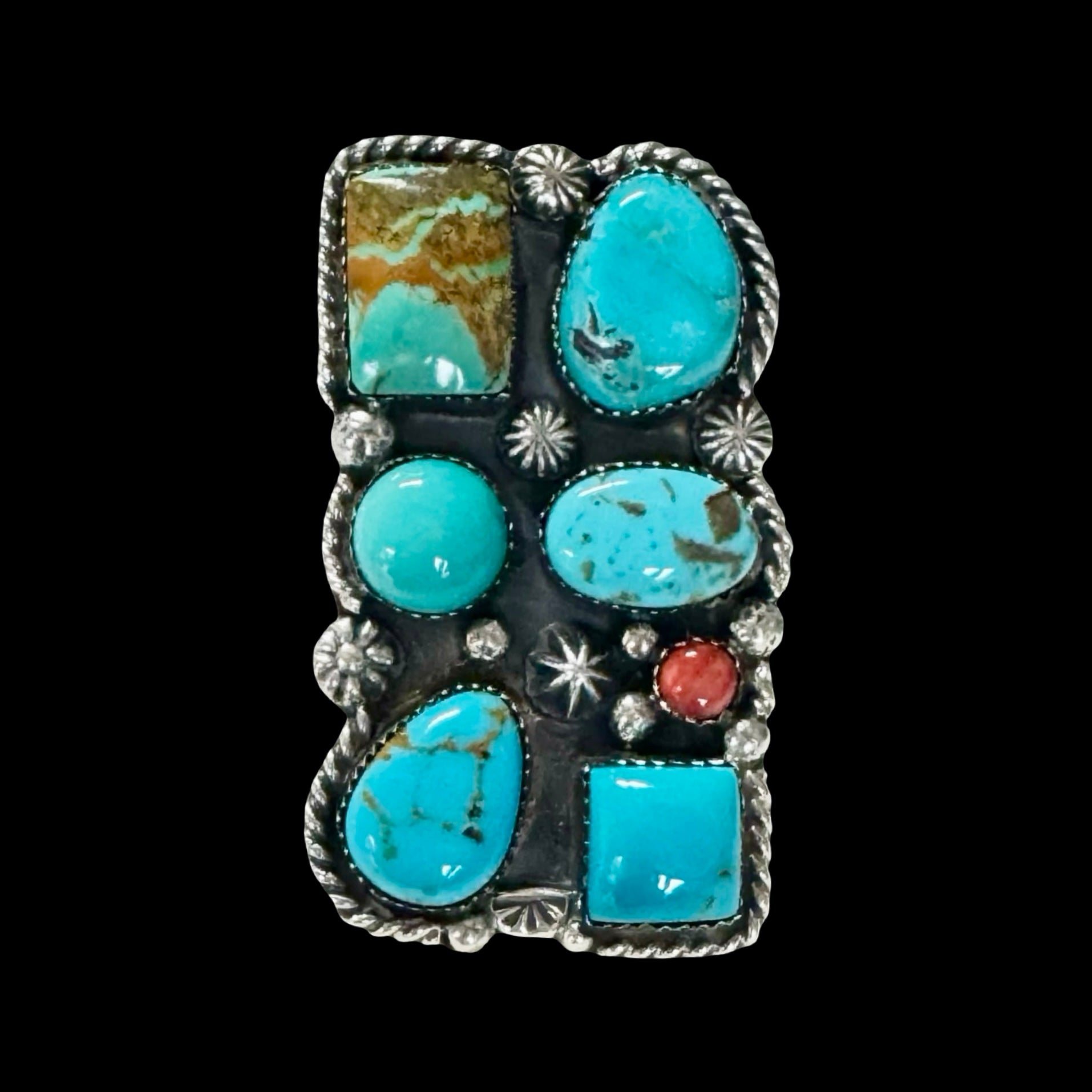 Mixed Mine Turquoise ring handcrafted by Native American artist Lorenzo and Jerilyn Chee