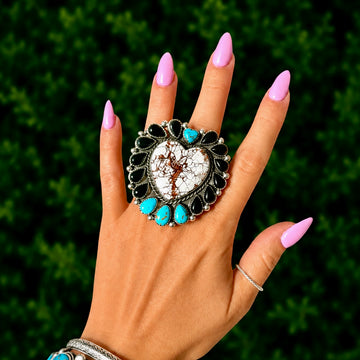 Campitos Turquoise, Black Onyx & Wild Horse Jasper ring handcrafted by Native American artist Lorenzo and Jerilyn Chee