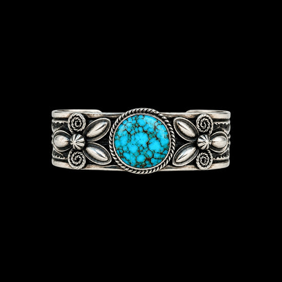 High-Grade Natural Spiderweb Kingman Turquoise cuff handcrafted by Native American artist Andy Cadman