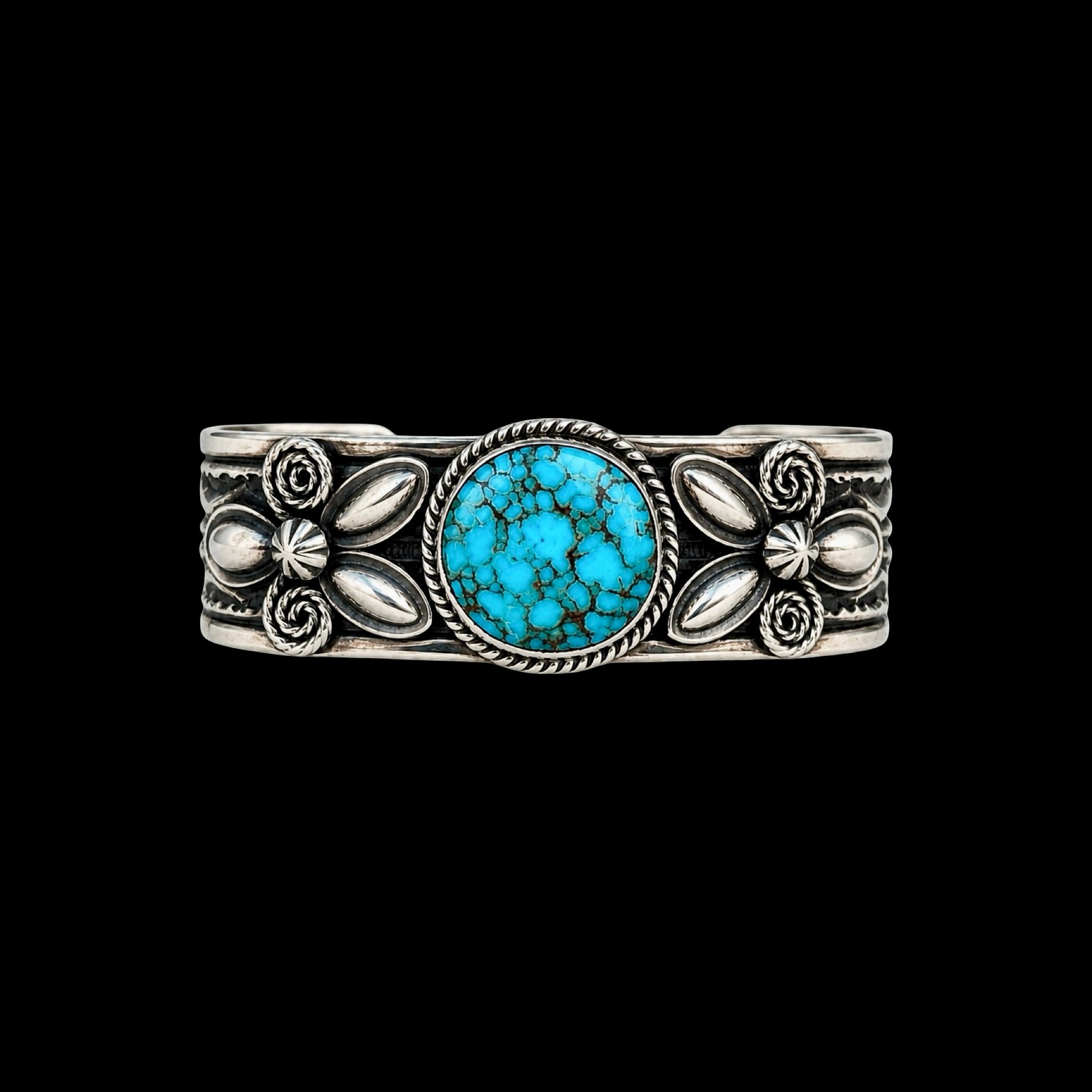 High-Grade Natural Spiderweb Kingman Turquoise cuff handcrafted by Native American artist Andy Cadman