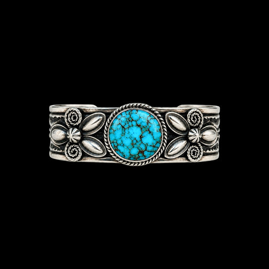 High-Grade Natural Spiderweb Kingman Turquoise cuff handcrafted by Native American artist Andy Cadman