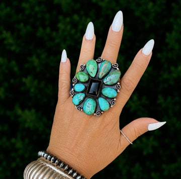 The Greer Ring (Adjustable) - Kingman Turquoise & Black Onyx by Marcus Chavez