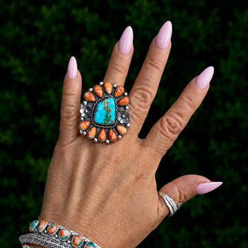The Caldera Ring (Adjustable) - Sonoran Gold Turquoise & Orange Spiny Oyster by Marcus Chavez