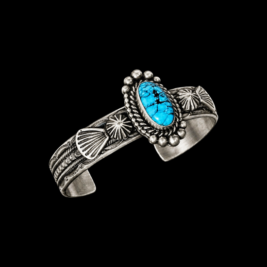 Natural Black Spiderweb Kingman Turquoise cuff handcrafted by Native American artist Michael Calladitto