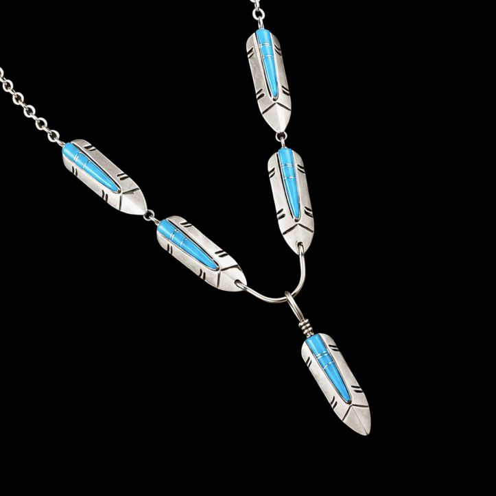 Kingman Turquoise Inlay lariat handcrafted by Native American artist Mary Yazzie
