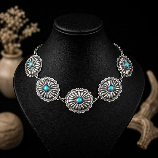 Kingman Turquoise & Sterling Silver jewelry handcrafted by Native American artist Lorenzo and Jerilyn Chee
