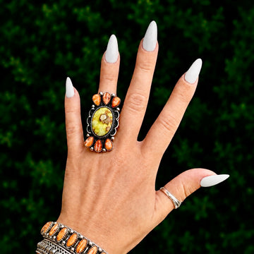 The Ansley Ring (Adjustable) - Orange Spiny Oyster & Palomino Variscite by Marcus Chavez