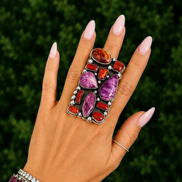Natural Mediterranean Coral & Purple Spiny Oyster ring handcrafted by Native American artist Marcus Chavez