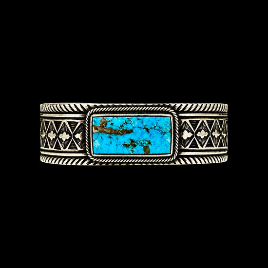 Gem Grade Natural WaterWeb Kingman Turquoise cuff handcrafted by Native American artist Calvin Martinez