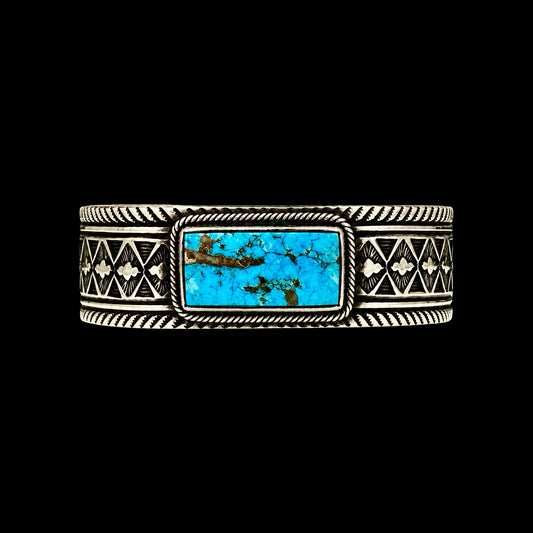 Gem Grade Natural WaterWeb Kingman Turquoise cuff handcrafted by Native American artist Calvin Martinez