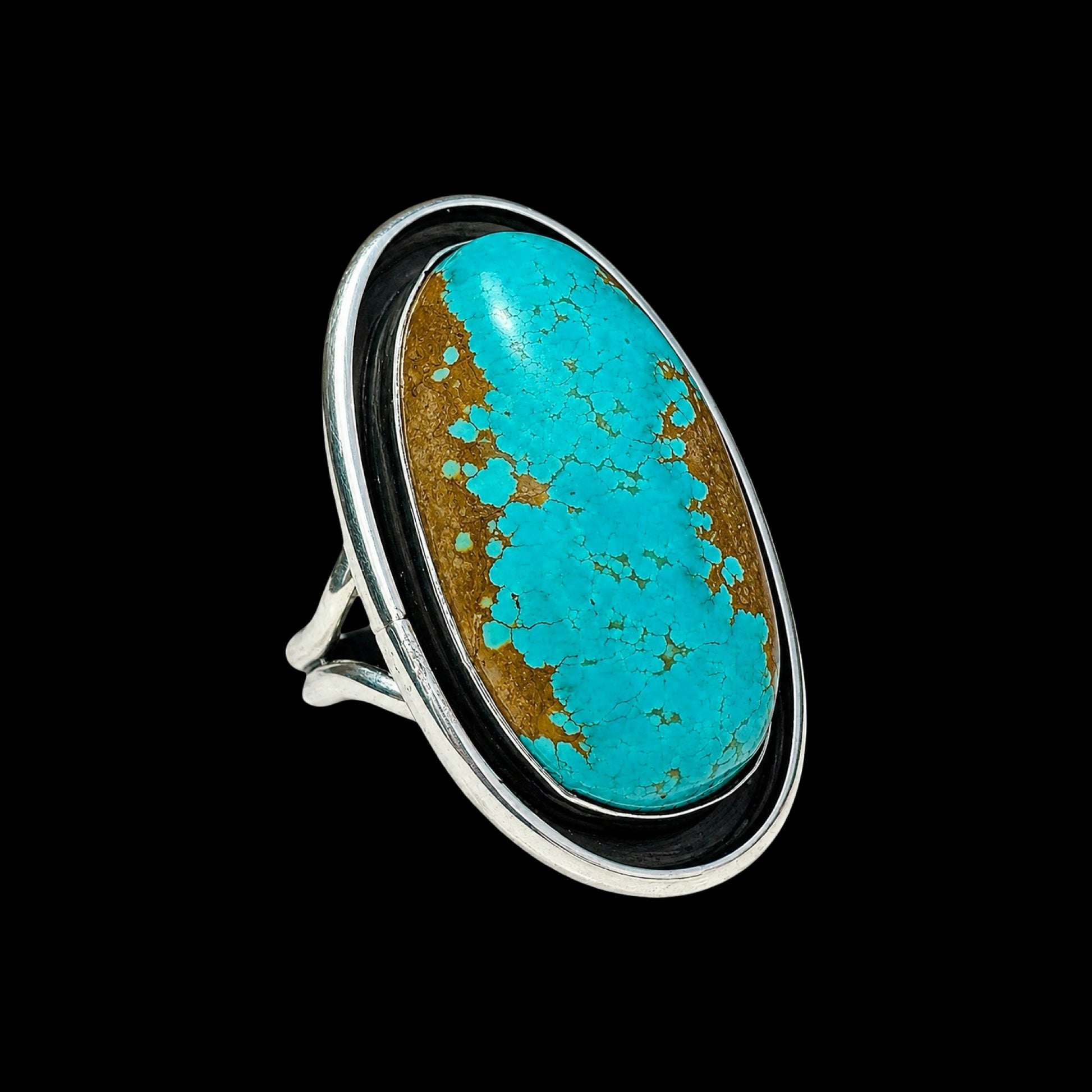 Shadowbox Mine #8 Turquoise ring handcrafted by Native American artist Lorenzo and Jerilyn Chee