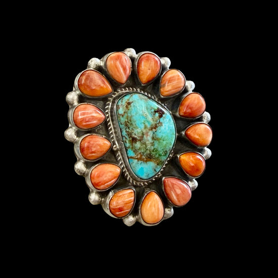 Orange Spiny Oyster & Kingman Turquoiseby Tillie Jon ring handcrafted by Native American artist Tillie Jon