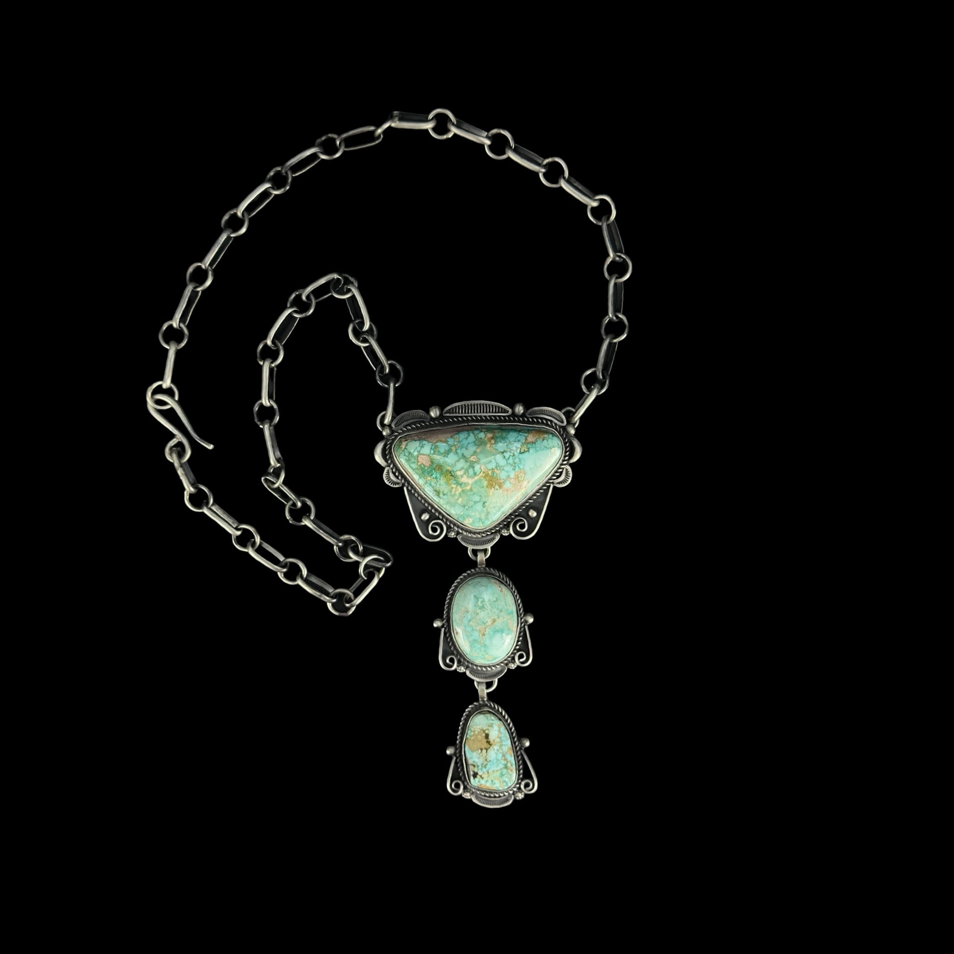 Kingman Turquoise lariat handcrafted by Native American artist Ronald Tom