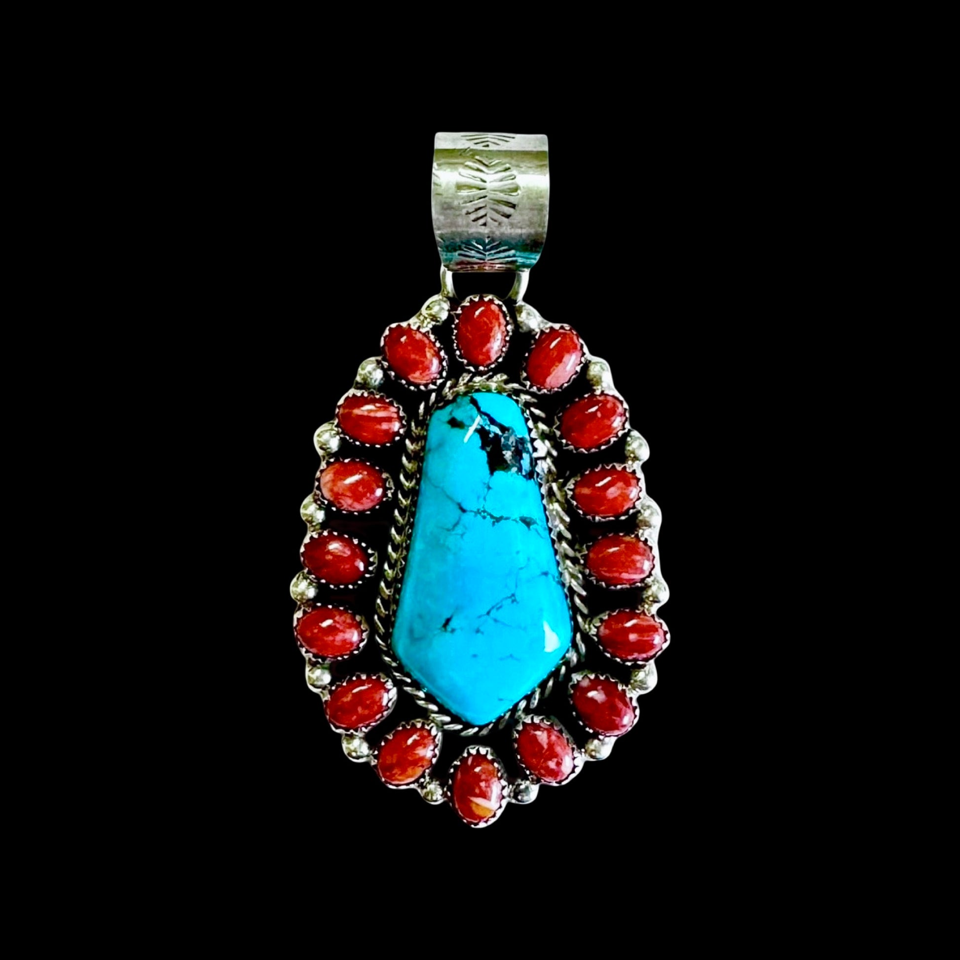Red Spiny Oyster & Kingman Turquoise pendant handcrafted by Native American artist Lorenzo and Jerilyn Chee