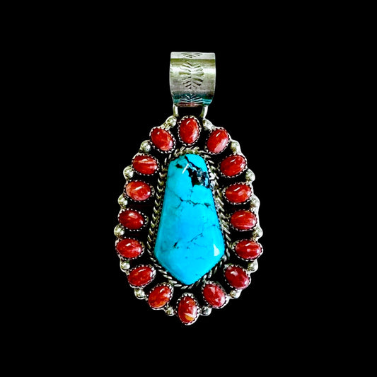 Red Spiny Oyster & Kingman Turquoise pendant handcrafted by Native American artist Lorenzo and Jerilyn Chee