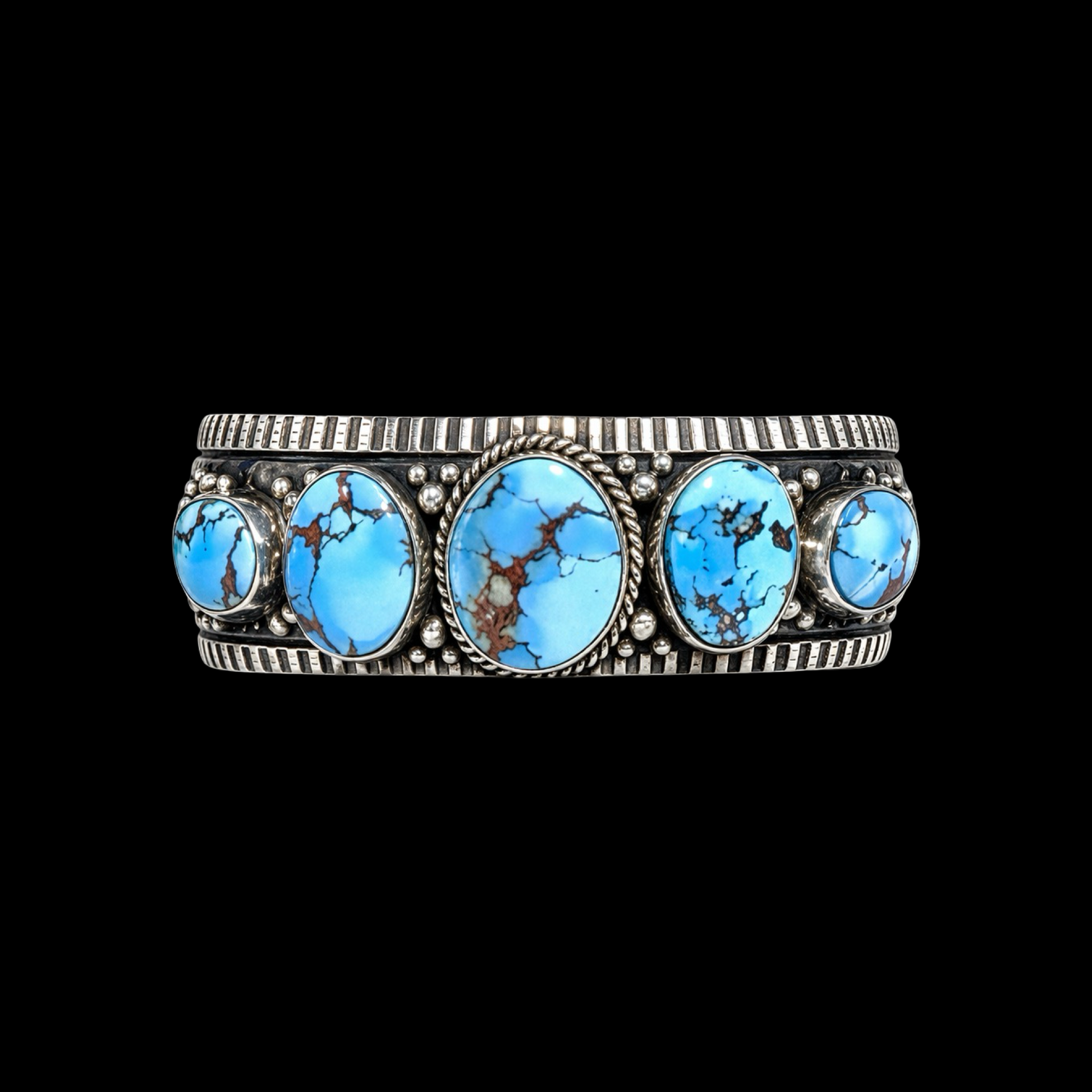 5 Stone High-Grade Natural Golden Hills Turquoise cuff handcrafted by Native American artist Happy Piasso