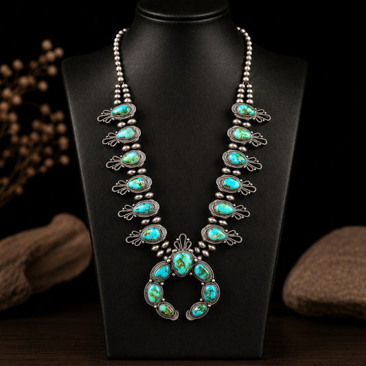 Sonoran Gold Turquoise squash blossom handcrafted by Native American artist Justine Tso
