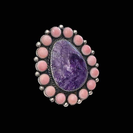 Charoite & Pink Conch ring handcrafted by Native American artist Marcus Chavez