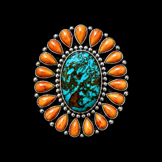 Natural Webbed Kingman & Orange Spiny ring handcrafted by Native American artist Tonya June Raphael