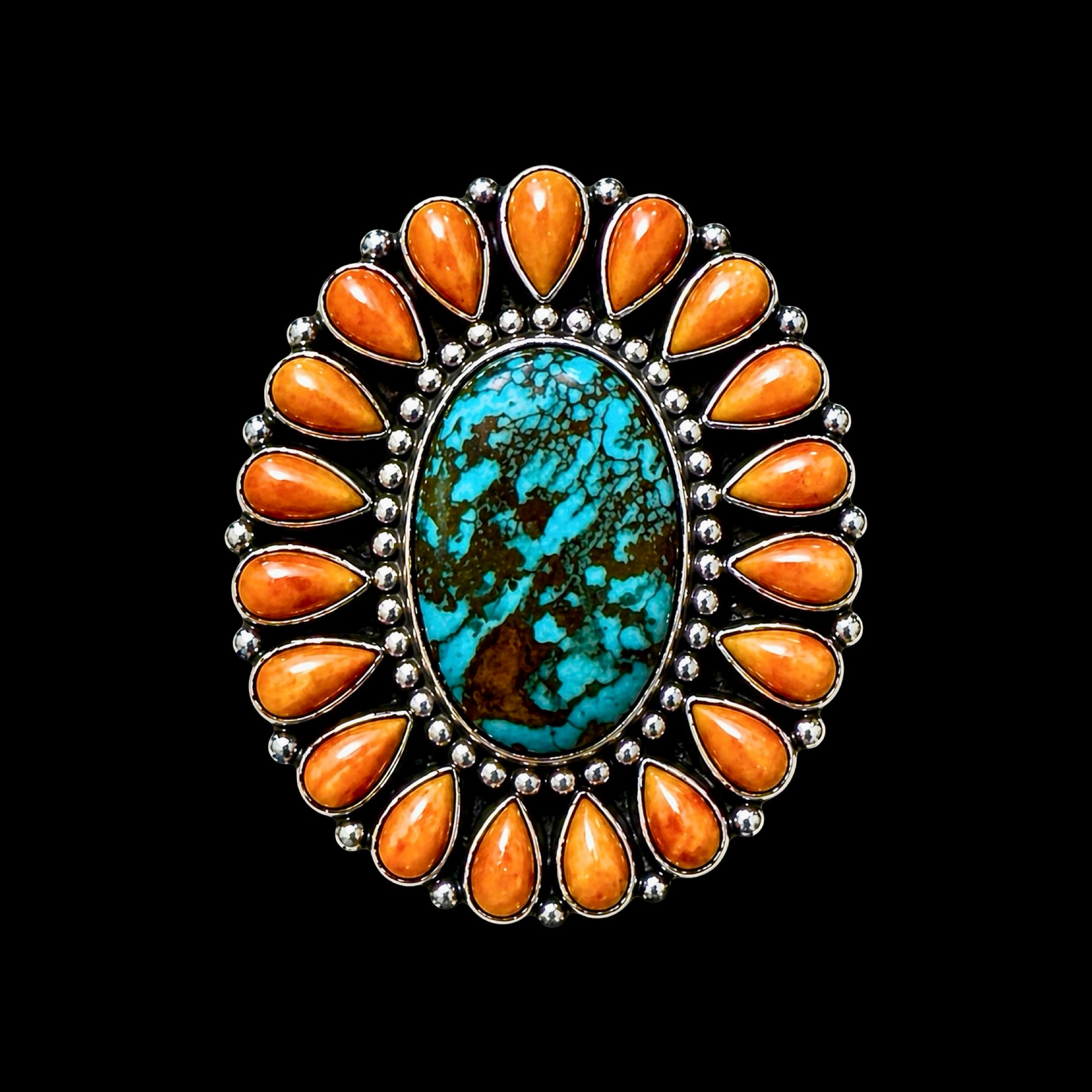 Natural Webbed Kingman & Orange Spiny ring handcrafted by Native American artist Tonya June Raphael