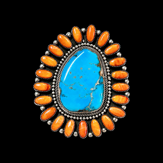 Kingman Turquoise & Orange Spiny Oyster ring handcrafted by Native American artist Hemerson Brown