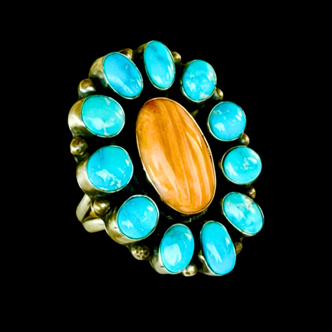 Sonoran Gold Turquoise & Orange Spiny Oyster ring handcrafted by Native American artist Shiela Becenti