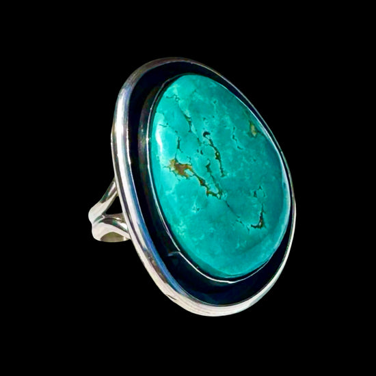 Royston Turquoise ring handcrafted by Native American artist Lorenzo and Jerilyn Chee