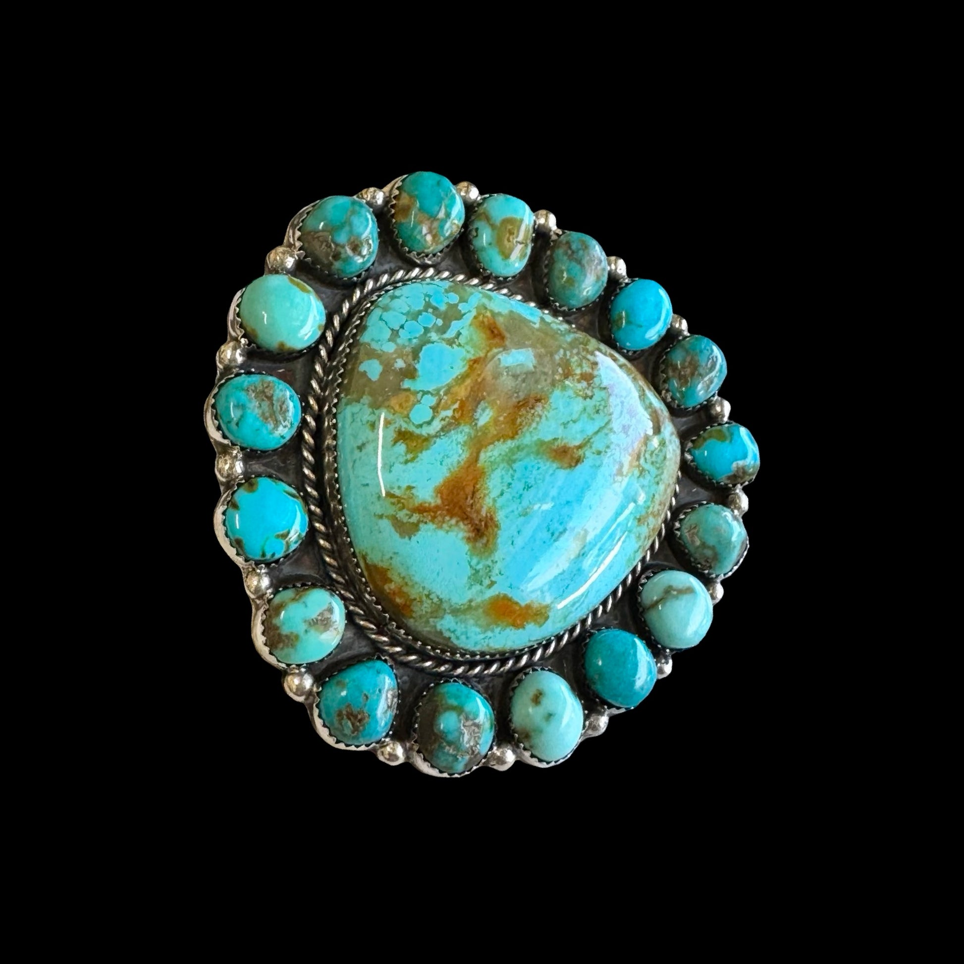 Sonoran Gold & Mixed Mine Turquoise ring handcrafted by Native American artist Lorenzo and Jerilyn Chee