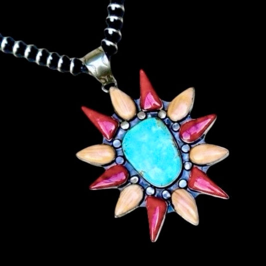 Carico Lake Turquoise & Spiny Mix pendant handcrafted by Native American artist Lenora Garcia