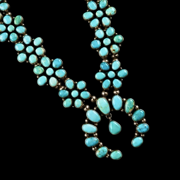 Carico Lake & Lone Mountain Turquoise squash blossom handcrafted by Native American artist Ella Peters