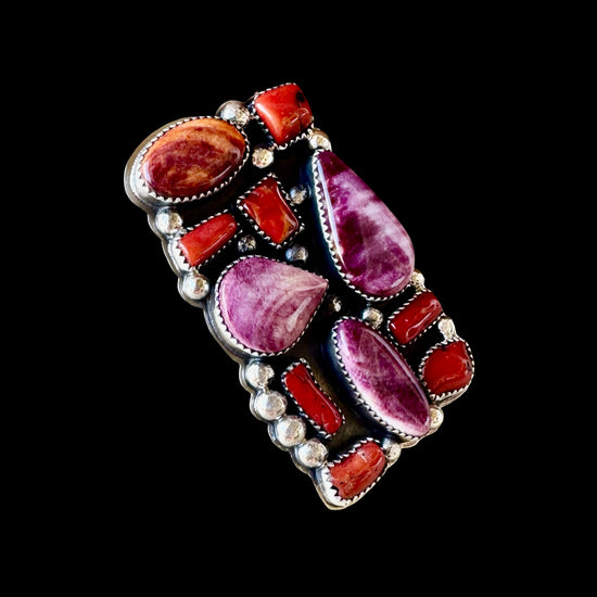 Natural Mediterranean Coral & Purple Spiny Oyster ring handcrafted by Native American artist Marcus Chavez