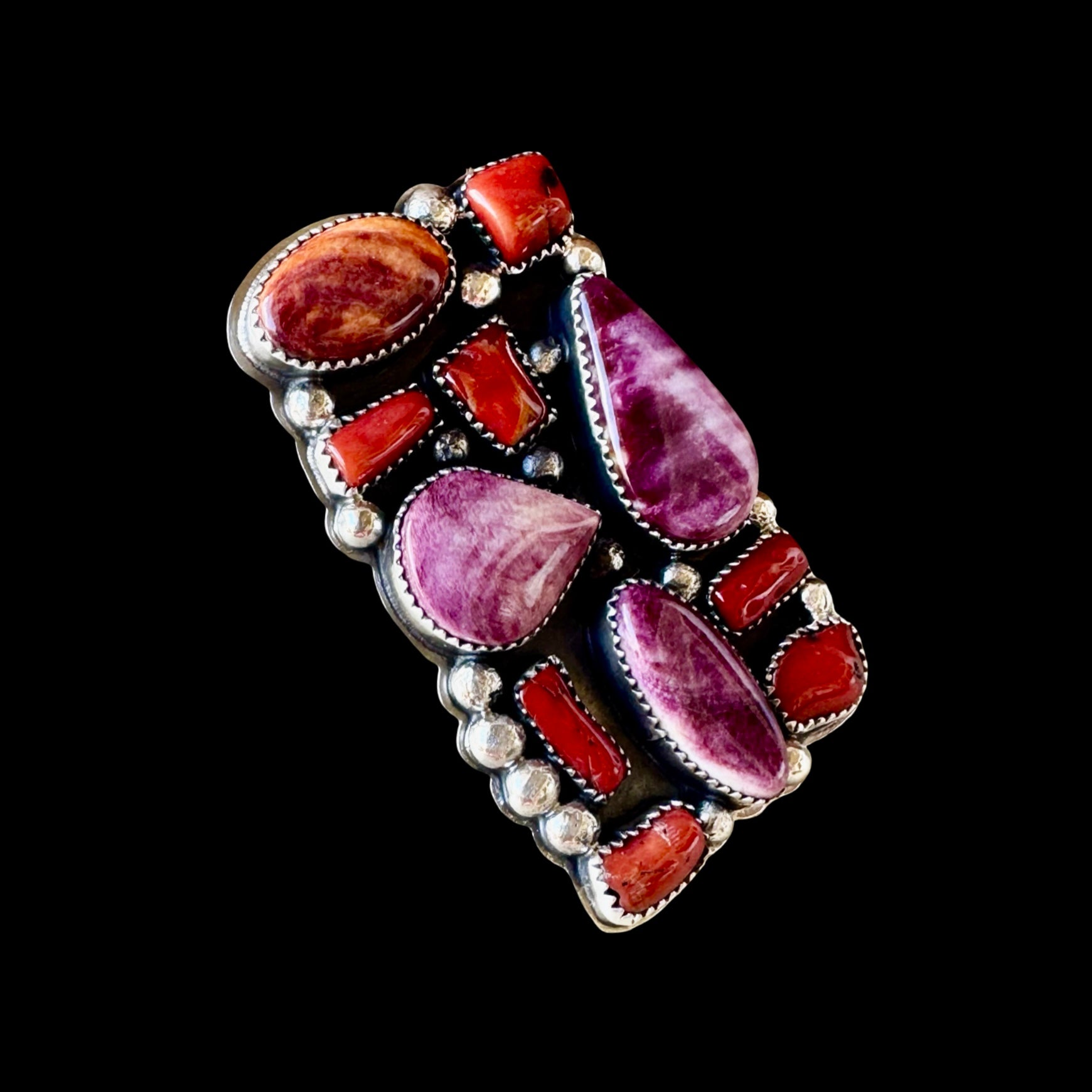 Natural Mediterranean Coral & Purple Spiny Oyster ring handcrafted by Native American artist Marcus Chavez