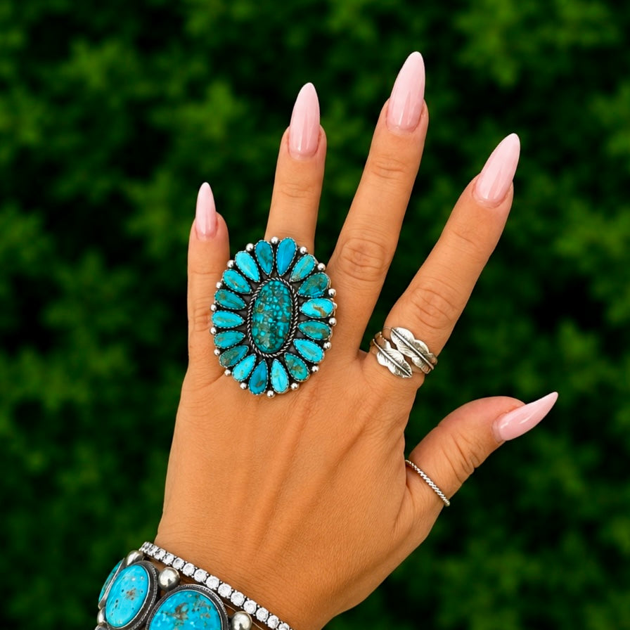 Kingman Turquoise ring handcrafted by Native American artist Pansy Johnson