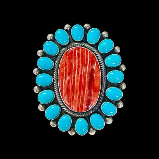 Sleeping Beauty Turquoise and Red Spiny Oyster ring handcrafted by Native American artist Ernest Roy Begay