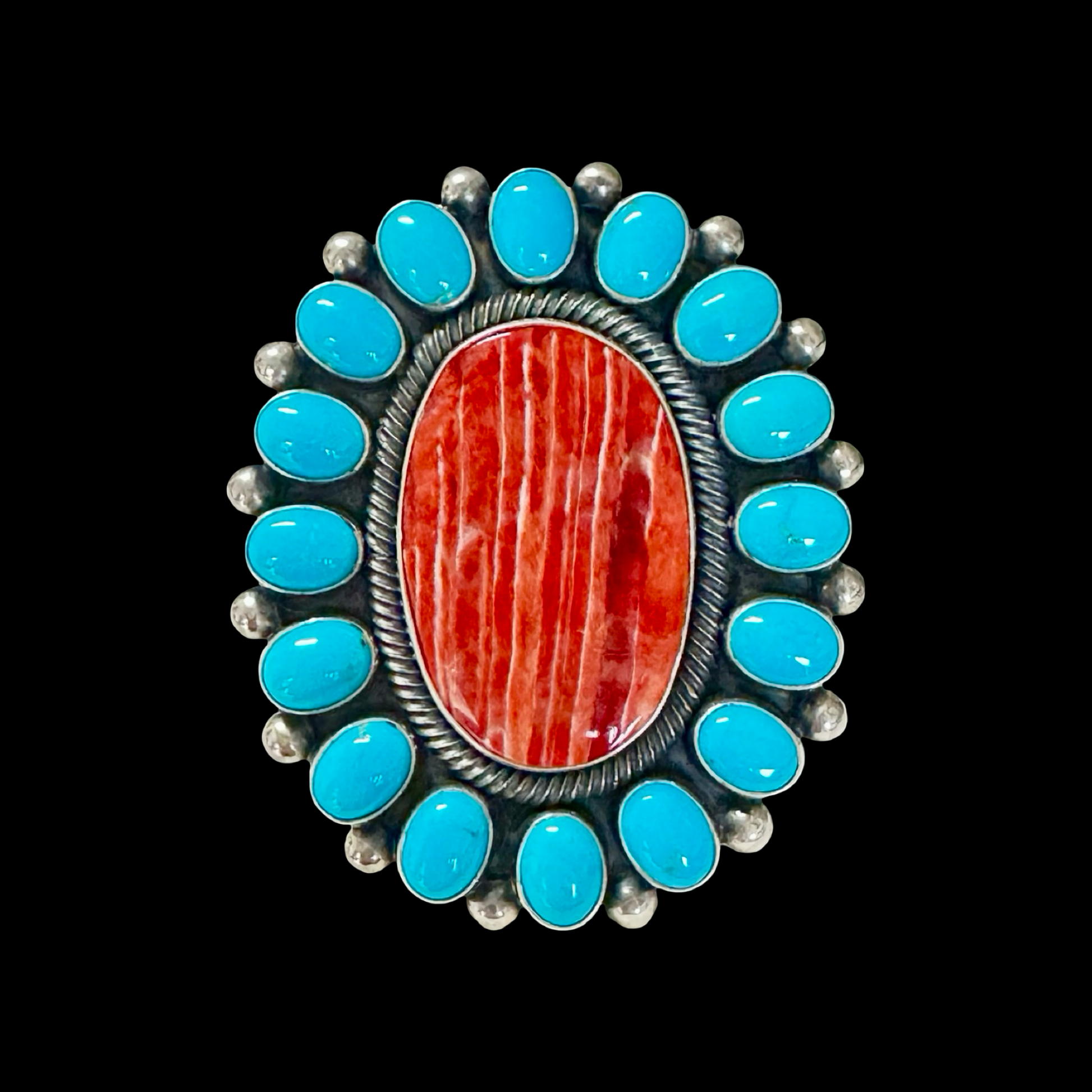 Sleeping Beauty Turquoise and Red Spiny Oyster ring handcrafted by Native American artist Ernest Roy Begay