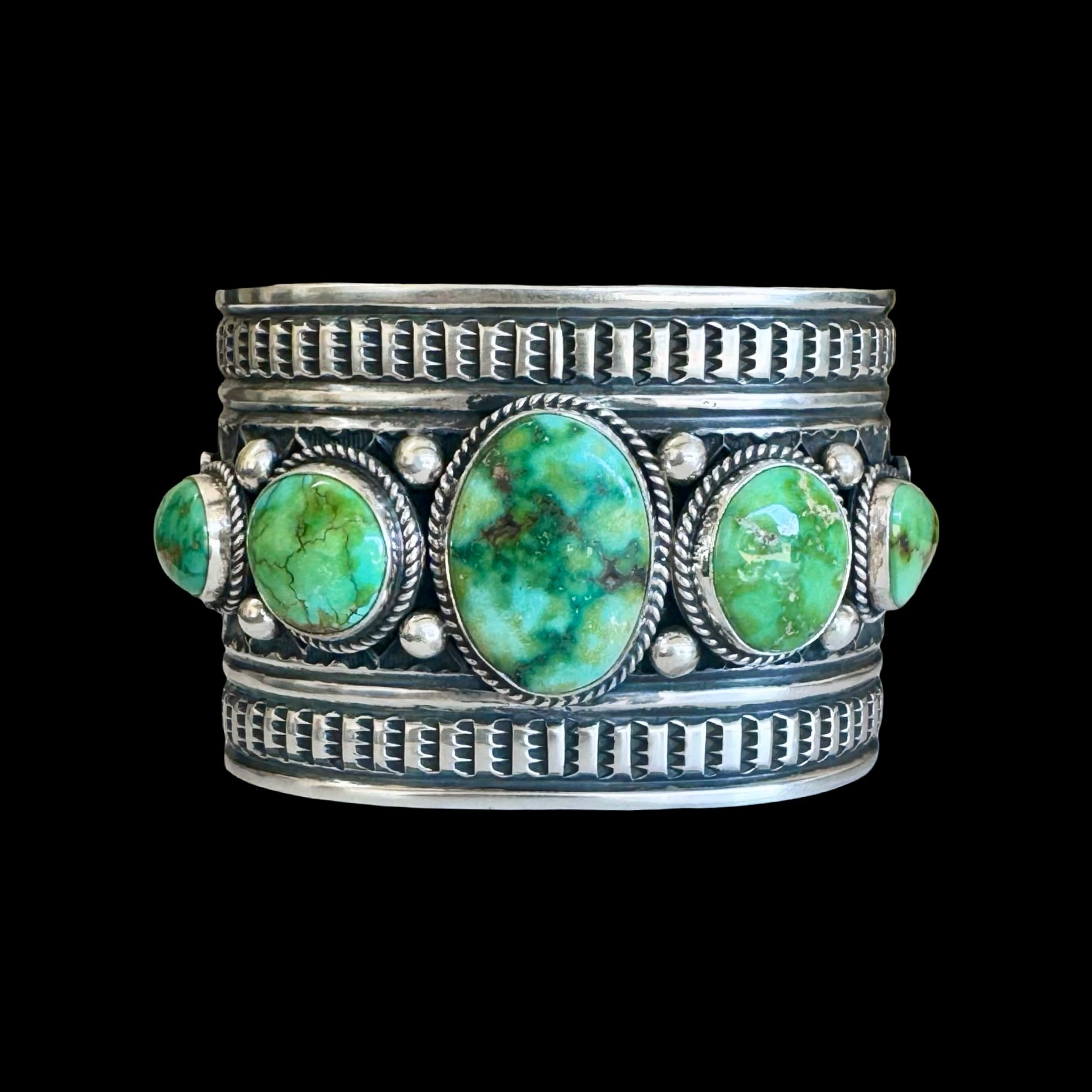 5 Stone Natural Sonoran Gold Turquoise cuff handcrafted by Native American artist Andy Cadman