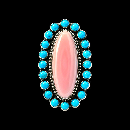 Sleeping Beauty Turquoise & Pink Conch ring handcrafted by Native American artist Ned Nez