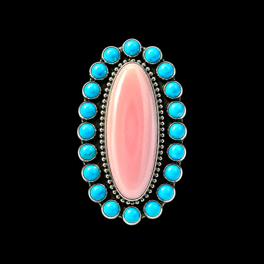 Sleeping Beauty Turquoise & Pink Conch ring handcrafted by Native American artist Ned Nez