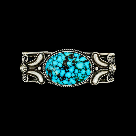Natural Black Web Kingman Turquoise cuff handcrafted by Native American artist Andy Cadman