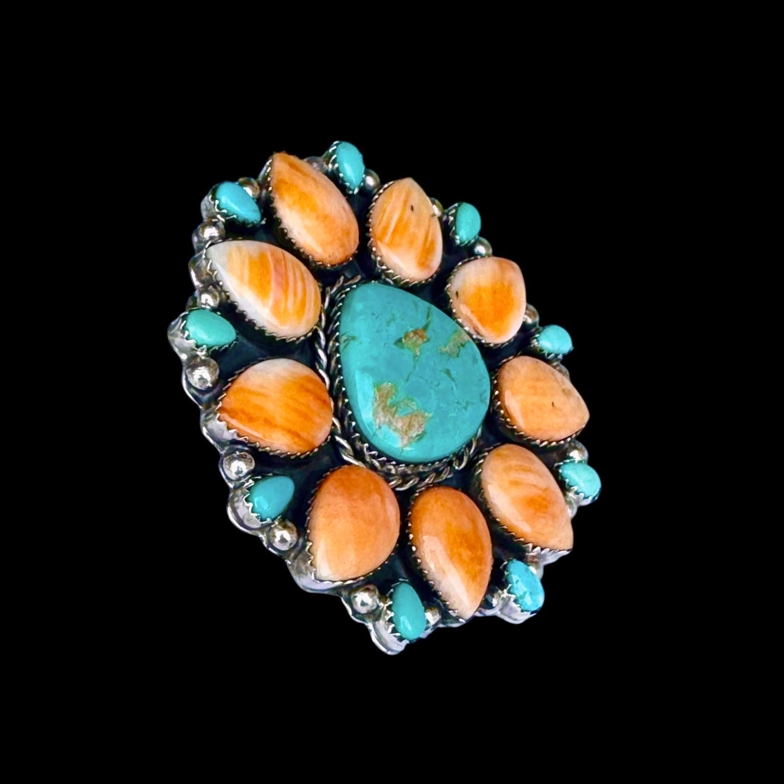 Royston Turquoise & Orange Spiny Oyster ring handcrafted by Native American artist Lorenzo and Jerilyn Chee
