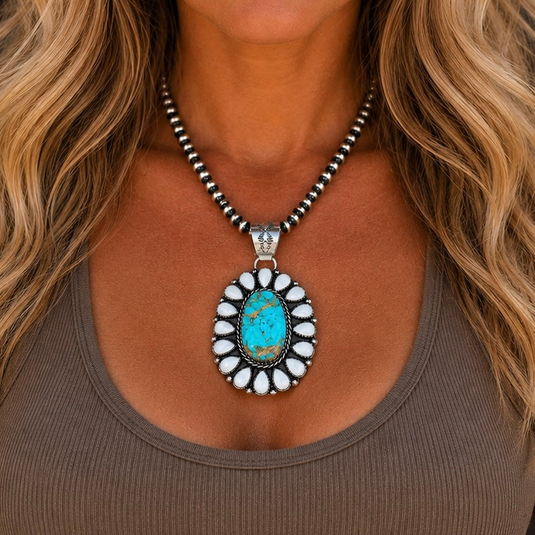 Kingman Turquoise & MOP pendant handcrafted by Native American artist Lorenzo and Jerilyn Chee ￼