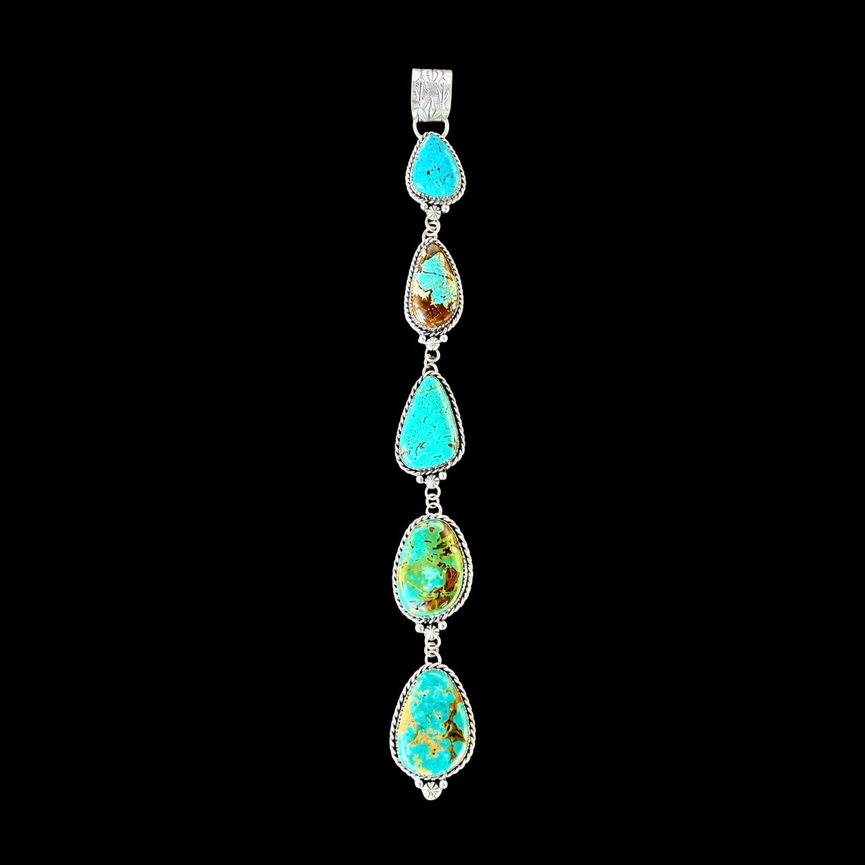 Kingman, Royston & Tyrone Turquoise pendant handcrafted by Native American artist Lorenzo and Jerilyn Chee