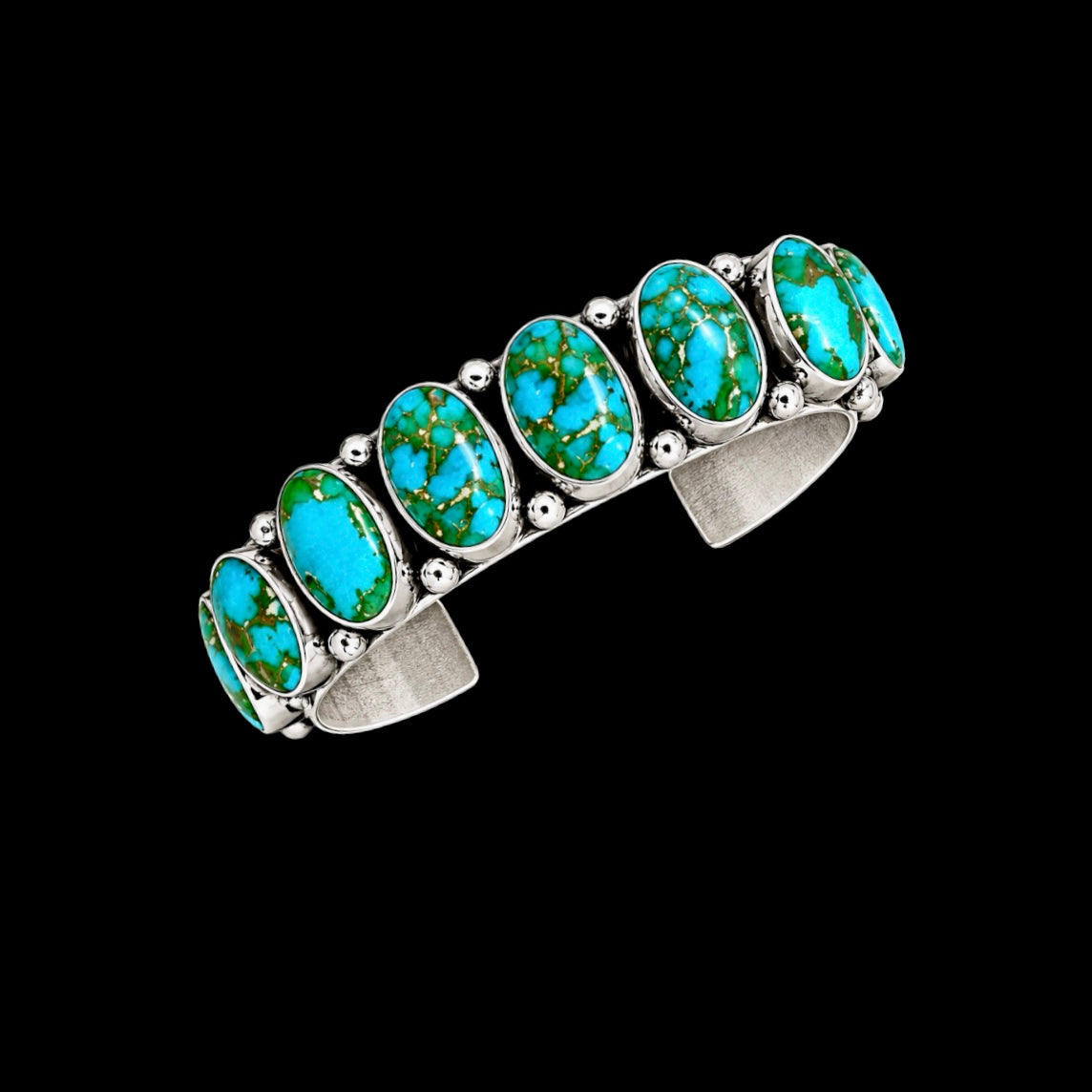 9 Stone Natural Sonoran Gold Turquoise cuff handcrafted by Native American artist Albert Jake (Heavy by Hand)