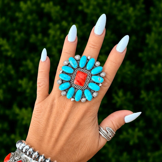 The Four Corners Ring (Adjustable) - Campitos Turquoise with Red Spiny Oyster by Lorenzo and Jerilyn Chee