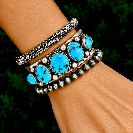 Natural Golden Hills Turquoise cuff handcrafted by Native American artist Albert Jake (Heavy by Hand)